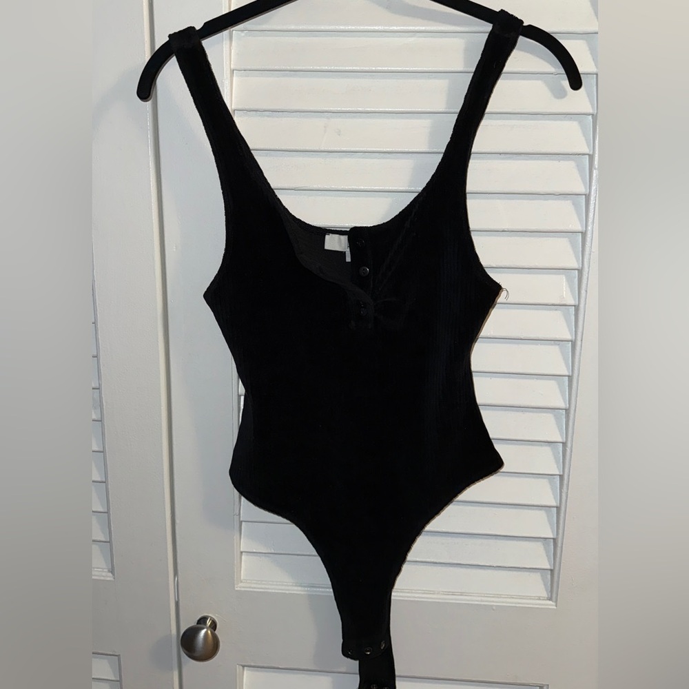 Black Ribbed Corduroy Button-Front Bodysuit